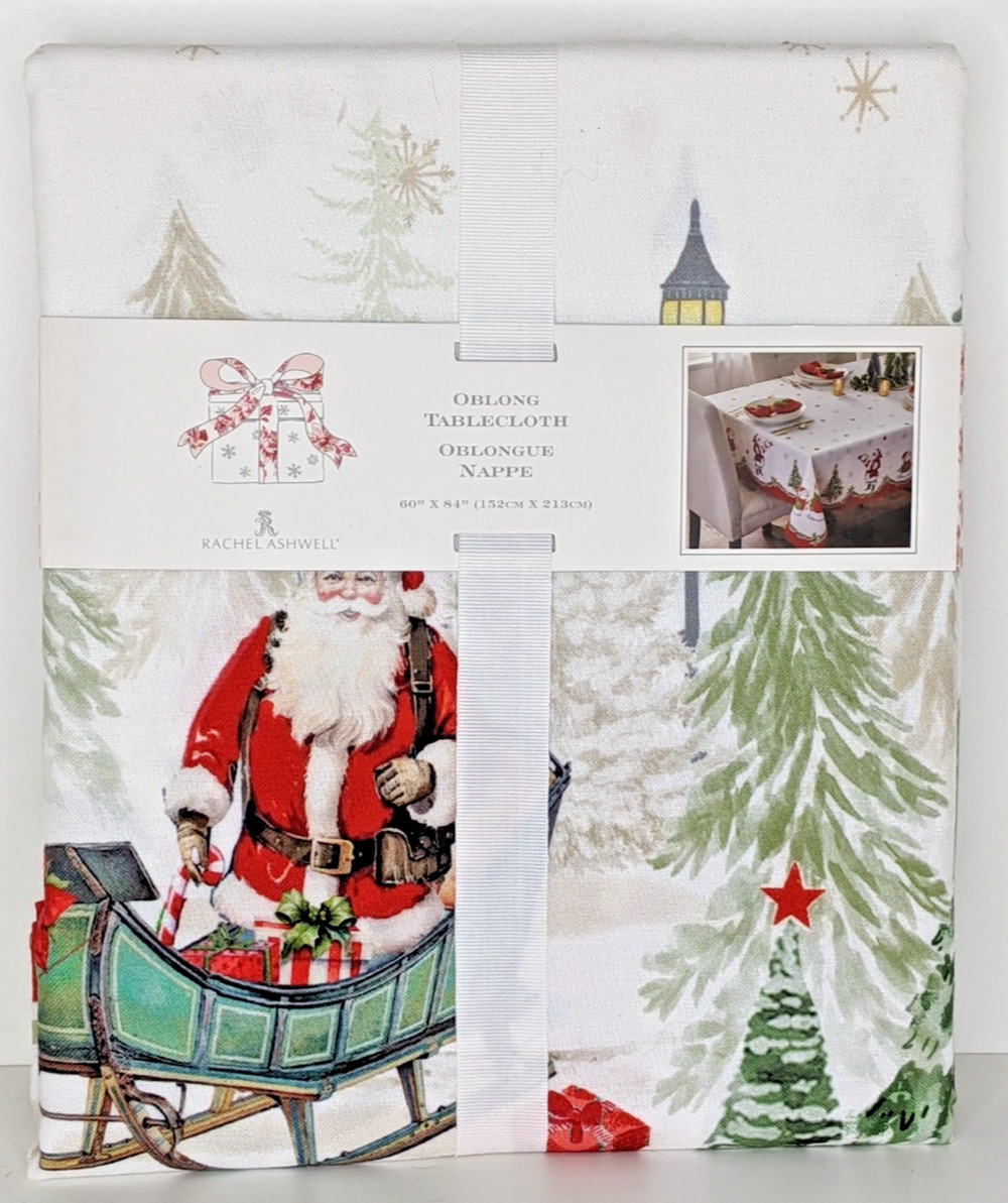NEW Rachel Ashwell Christmas Santa Snowmen Trees Tablecloth 60x84” Oblong Nappe